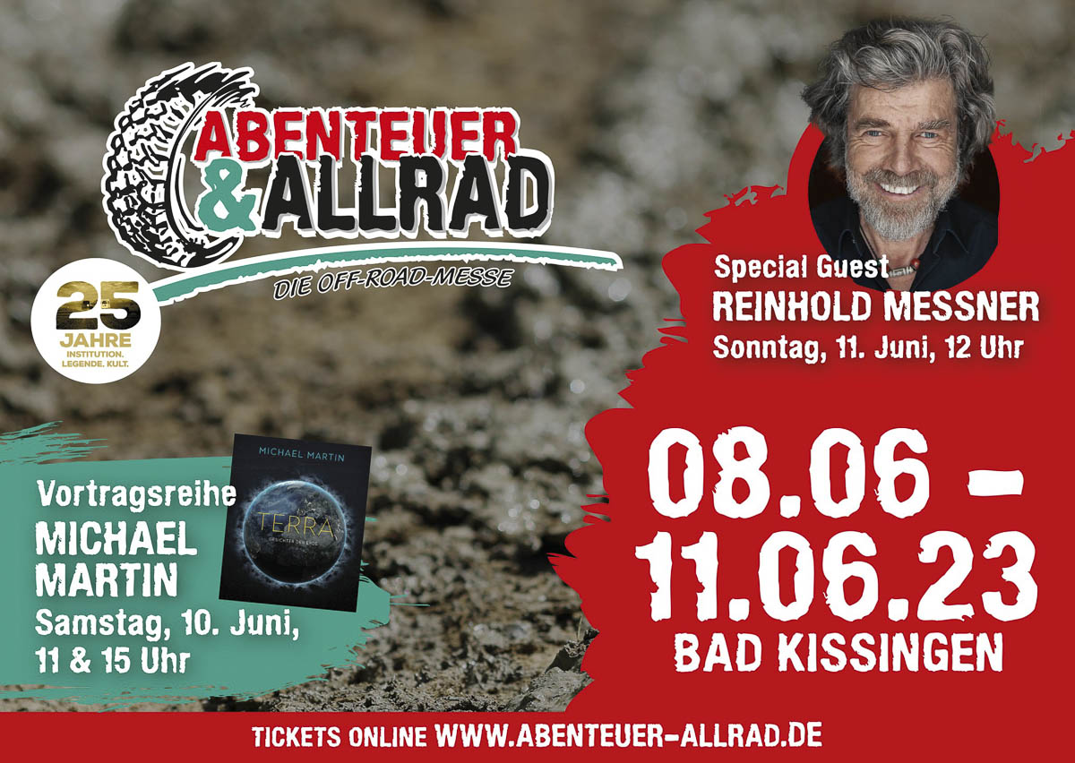 Manifesto della fiera Abenteur Allrad con Messner in copertina