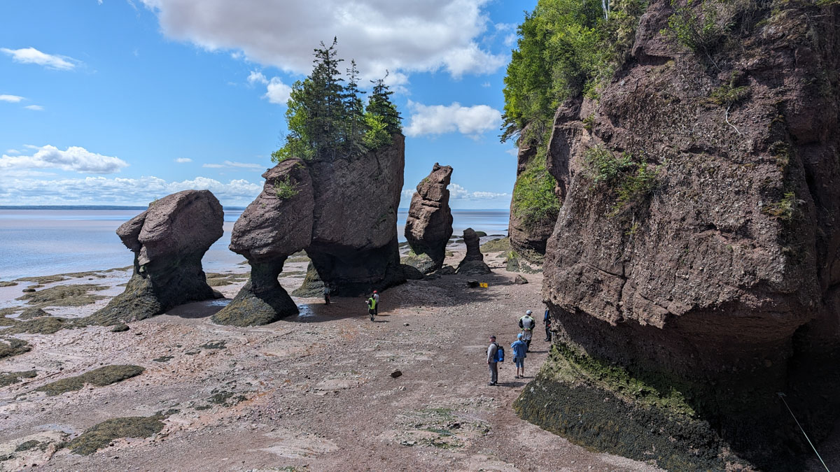 Una foto panoramica delle imponenti formazioni rocciose, che mostrano fori e archi scavati dall'erosione.